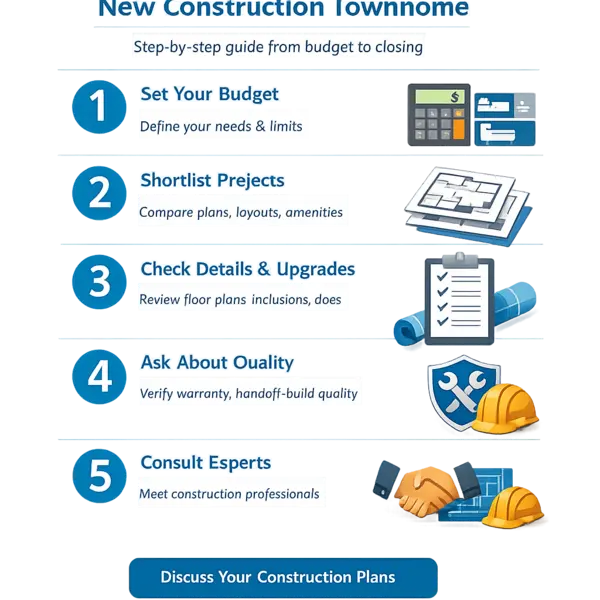 Step-by-step infographic outlining the process to buy new construction townhomes Los Angeles, from budgeting to consultation