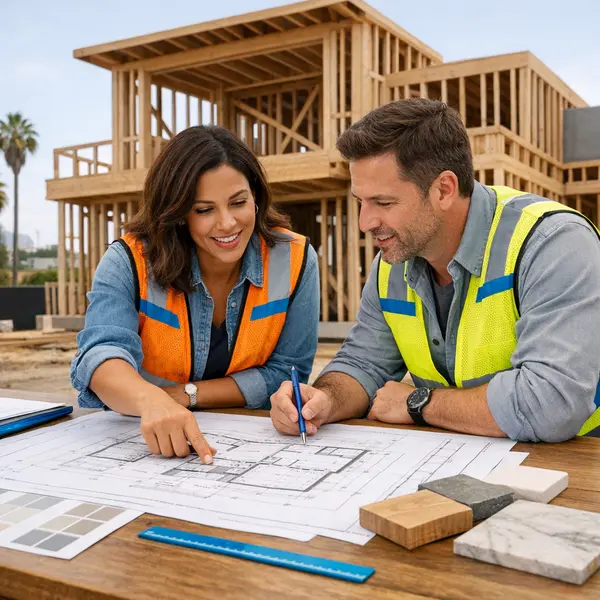 Professionals review blueprints for new single family homes Los Angeles at an active build site.