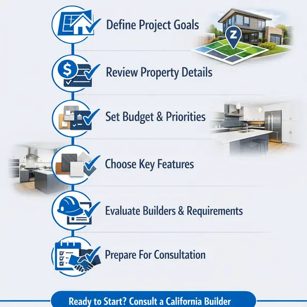 Checklist infographic showing new construction homes California planning steps for homeowners and property owners