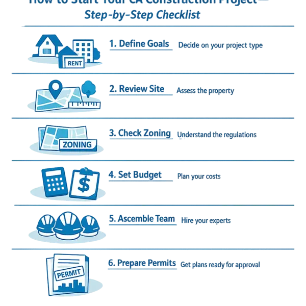 Step-by-step infographic showing the new construction in Los Angeles planning process for property owners