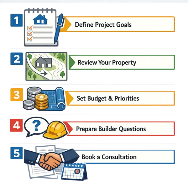 Checklist infographic showing steps to prepare for New Construction in Los Angeles, including goals, lot review, budget, questions, and consultation.