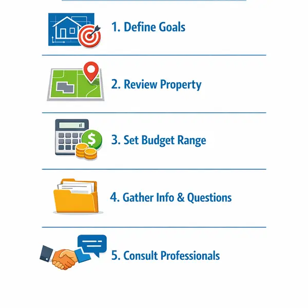 Infographic showing step-by-step planning workflow for new construction in Los Angeles, including key preparation steps.