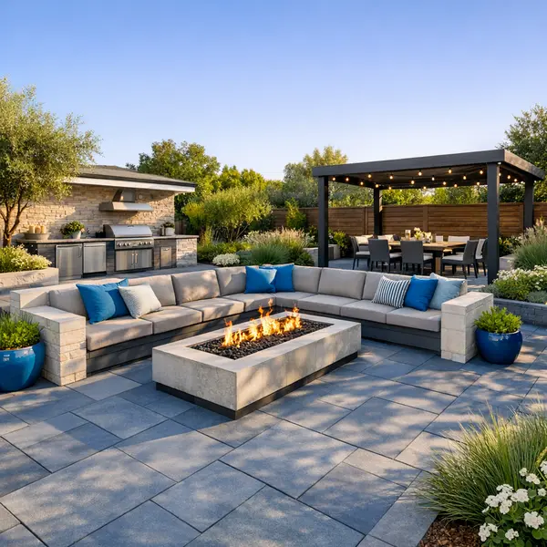 Modern backyard transformation with patio, seating, fire pit, and kitchen in Sherman Oaks