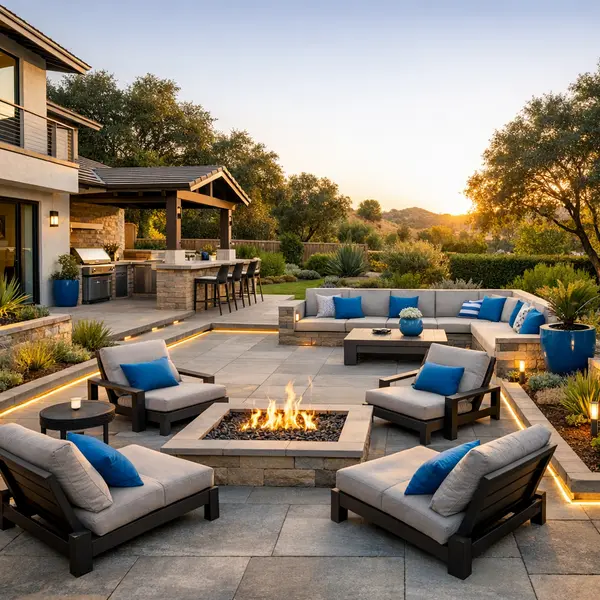 Spacious Agoura Hills backyard featuring a modern patio, seating, fire pit, and lush landscaping after a backyard transformation project.
