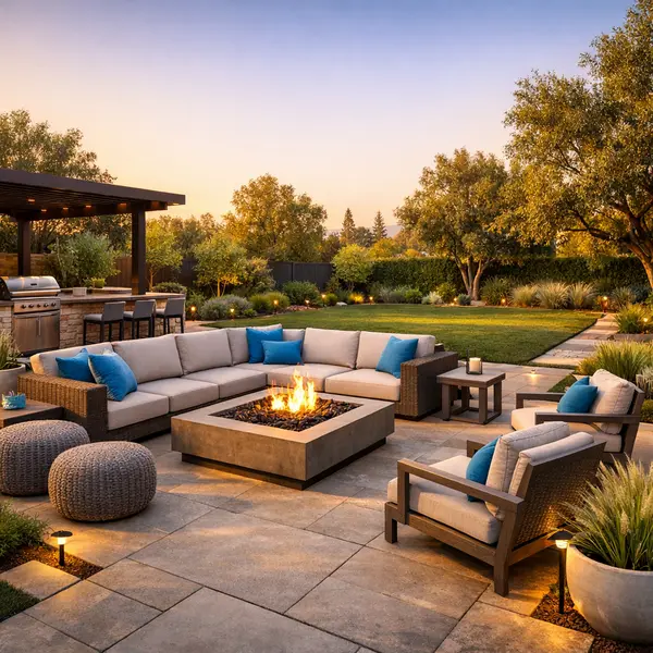 Modern backyard transformation in Tarzana featuring outdoor living spaces, patio, and lush landscaping
