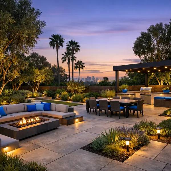 Modern backyard transformation in Los Angeles featuring patio, seating, and lush greenery for homeowners.