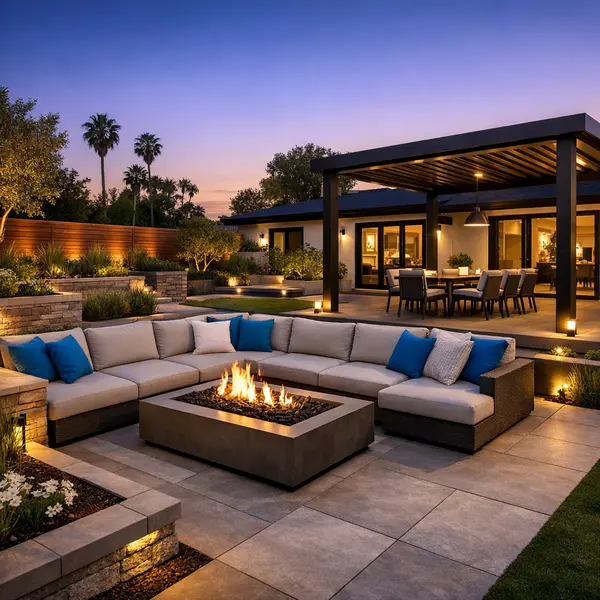 Contemporary backyard transformations featuring modern hardscaping, lighting, and comfortable gathering spaces