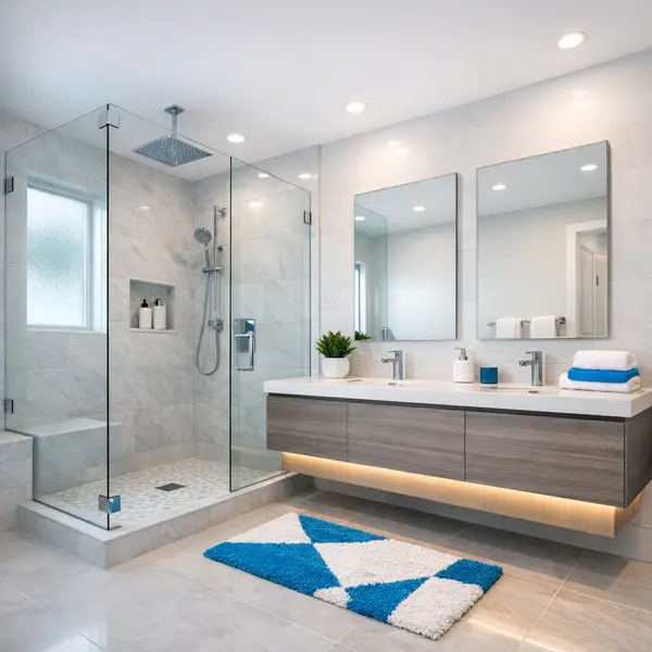 Modern Los Angeles bathroom remodeling with clean tile, glass shower, and blue brand color accents.
