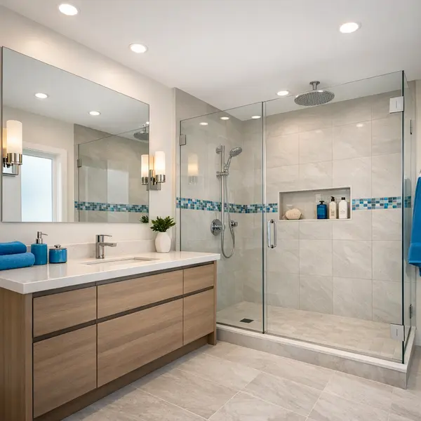 Contemporary bathroom remodeling in Tarzana featuring a walk-in shower, modern vanity, and blue accent details.