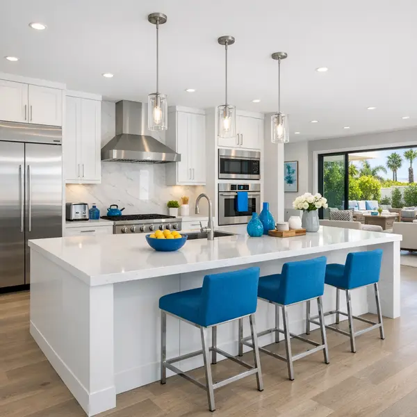 Modern kitchen remodeling project in Los Angeles with open layout and blue-accented contemporary finishes.
