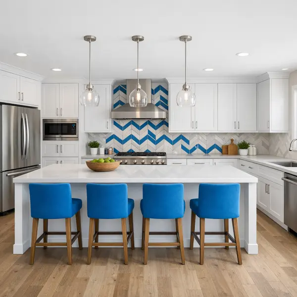 Modern kitchen remodeling results with white shaker cabinets, quartz island, and blue accents in Agoura Hills.