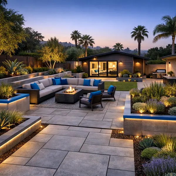 Modern backyard featuring structured planters, paver paths, and outdoor seating, illustrating quality landscape services.