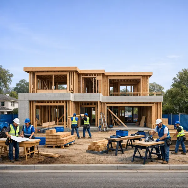 Modern new construction home in Tarzana with professional crew on a well-managed building site.