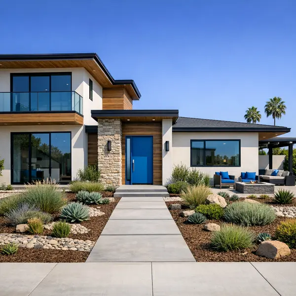 Modern new construction single-family home in Los Angeles with sleek design and blue accent elements.