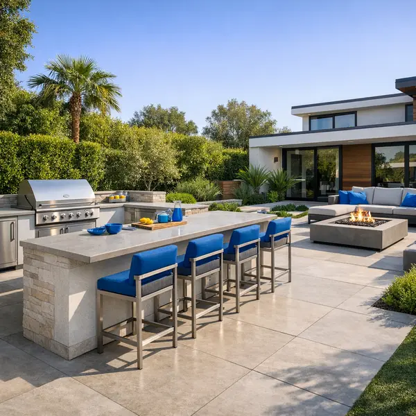 Custom Outdoor Kitchen, BBQ & Fire Pit designed with modern stone, stainless appliances, and fire feature for homeowners