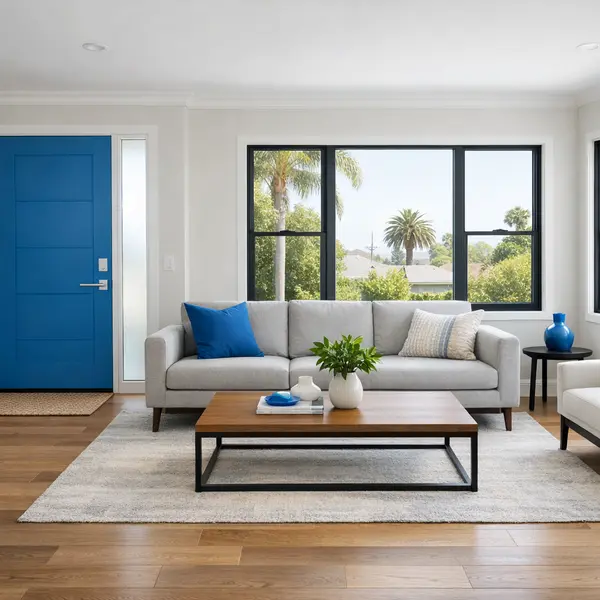Renovated living room with modern windows and door after window & door replacement, bright and airy.