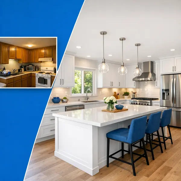 Before-and-after kitchen remodeling collage showing transition to a bright, modern Agoura Hills kitchen