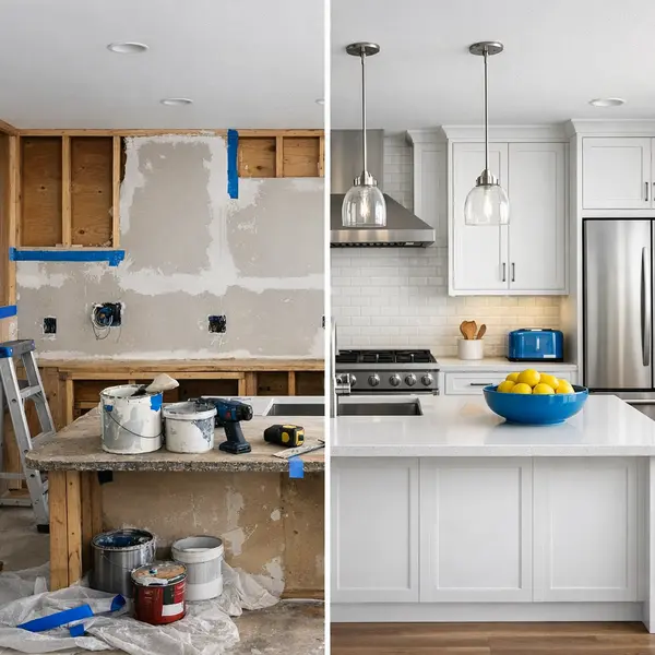 Split view of Tarzana kitchen remodeling showing a DIY renovation and a completed modern remodel by Alvapareen Construction