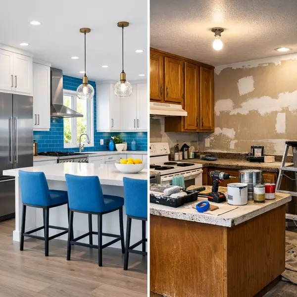 Side-by-side kitchens showing professional kitchen remodeling versus a DIY project in Sherman Oaks home