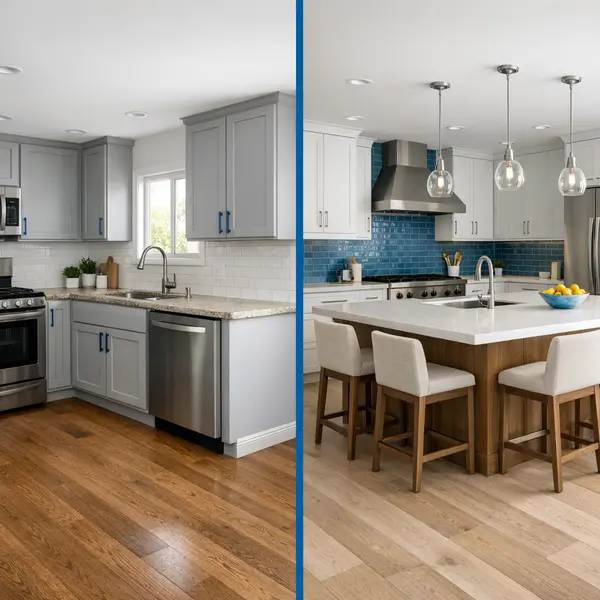 Side-by-side kitchen comparison of a minor update and full kitchen remodeling in Beverly Hills.