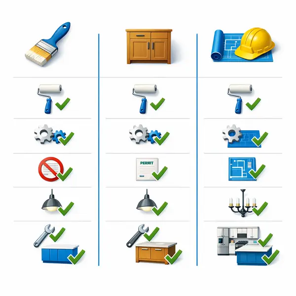 Diagram comparing DIY, contractor updates, and full-service kitchen remodeling approaches for Agoura Hills homeowners.