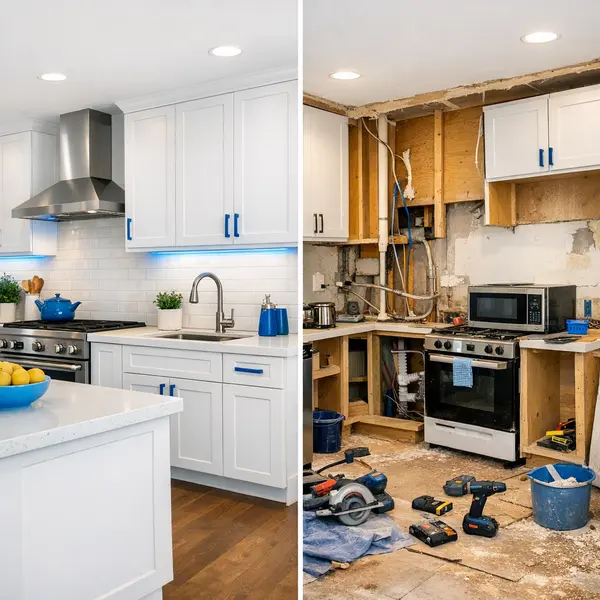 Side-by-side kitchen remodeling comparison showing a professional contractor result versus a DIY project