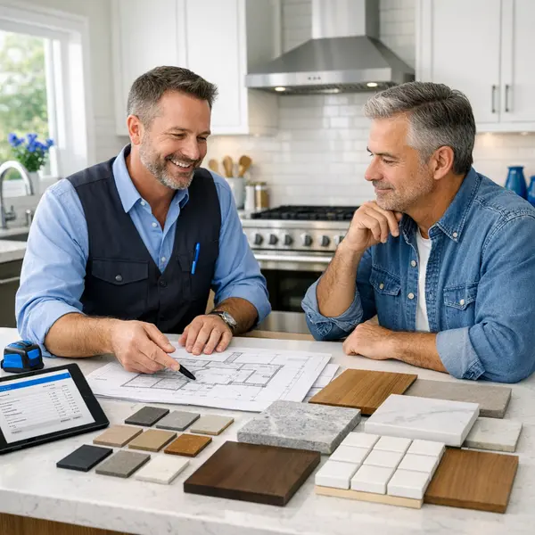 A contractor and homeowner review kitchen remodeling plans with material samples in a modern Tarzana kitchen.