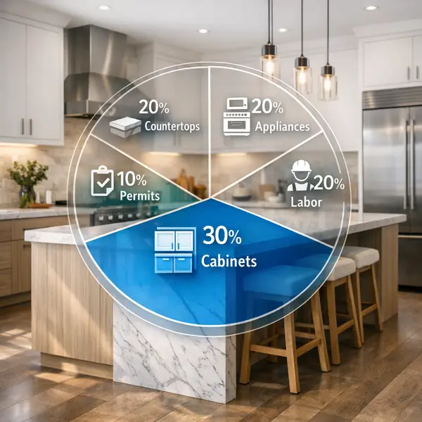 Infographic showing major kitchen remodeling cost categories in a modern Sherman Oaks kitchen.