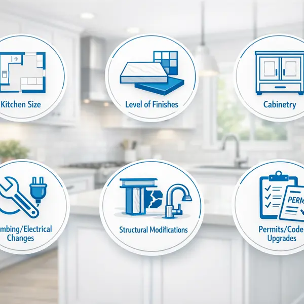 Infographic visualizing main kitchen remodeling cost factors including size, finishes, and layout changes