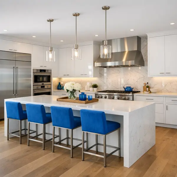 Spacious modern kitchen remodel in Beverly Hills featuring white cabinets, blue accents, and premium appliances.