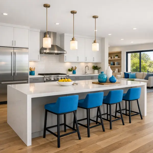 Spacious modern kitchen in Tarzana featuring elegant cabinetry, quartz countertops, and a large island after expert kitchen remodeling.
