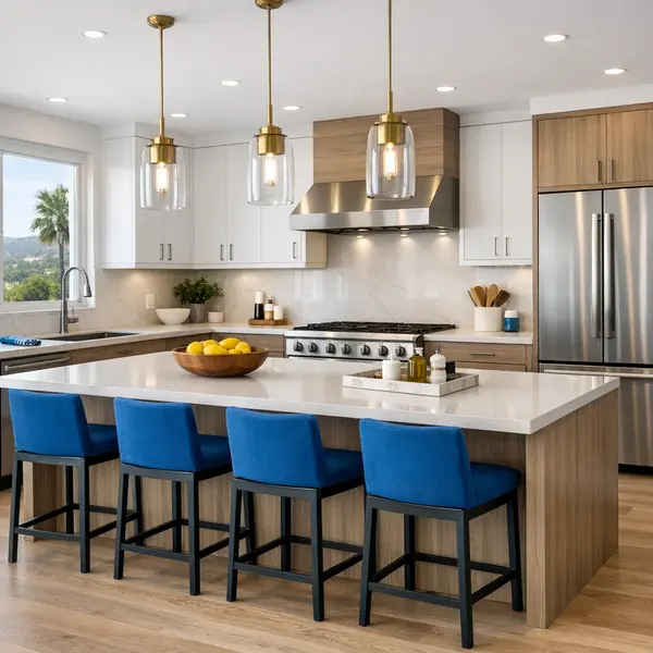Modern kitchen remodeling project with premium cabinetry, quartz countertops, and blue accent decor.