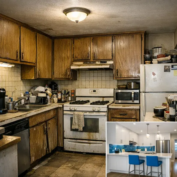 Cramped, outdated kitchen before kitchen remodeling in Sherman Oaks with worn cabinets and cluttered counters.