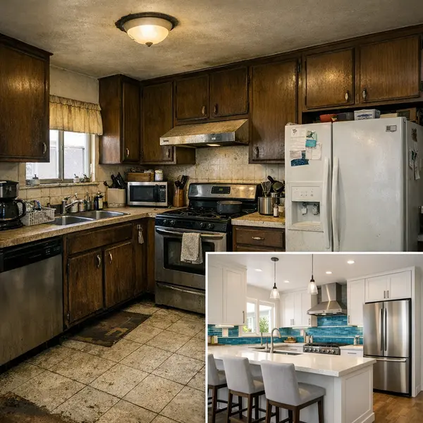 Outdated kitchen with poor lighting and cramped layout before kitchen remodeling in Beverly Hills.