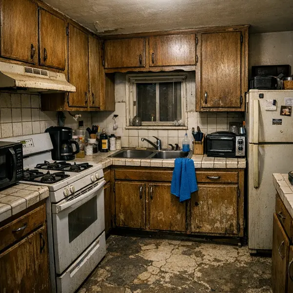 Cramped, outdated kitchen with worn cabinets and limited space before kitchen remodeling in Tarzana