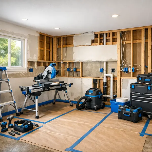 Orderly mid-remodel kitchen with framing, wiring, and protected floors for kitchen remodeling in Agoura Hills.