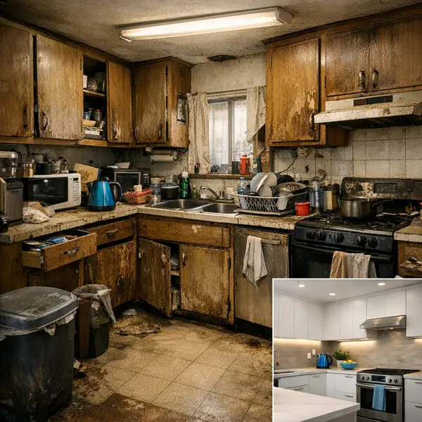 A lived-in kitchen with worn cabinets, cluttered counters, and poor lighting—signs it's ready for kitchen remodeling.