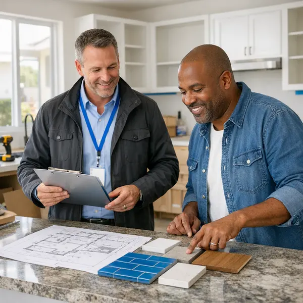 Project manager and homeowner discuss kitchen remodeling plans during in-home assessment in Tarzana.