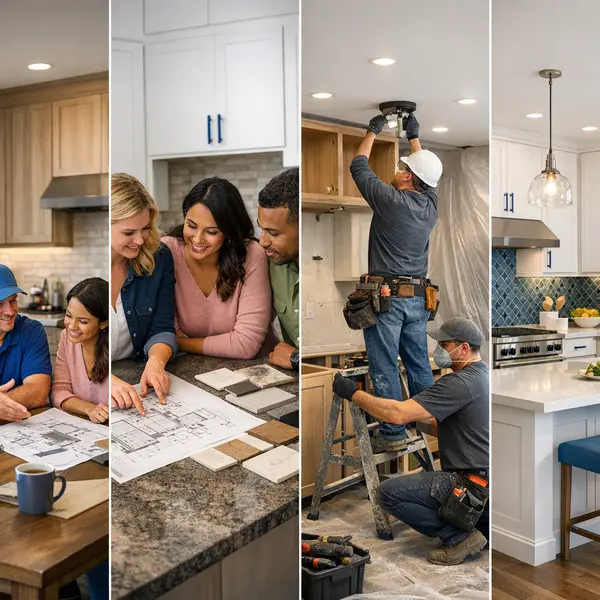 Four stages of a kitchen remodeling project, from consultation and design to construction and a finished modern kitchen.