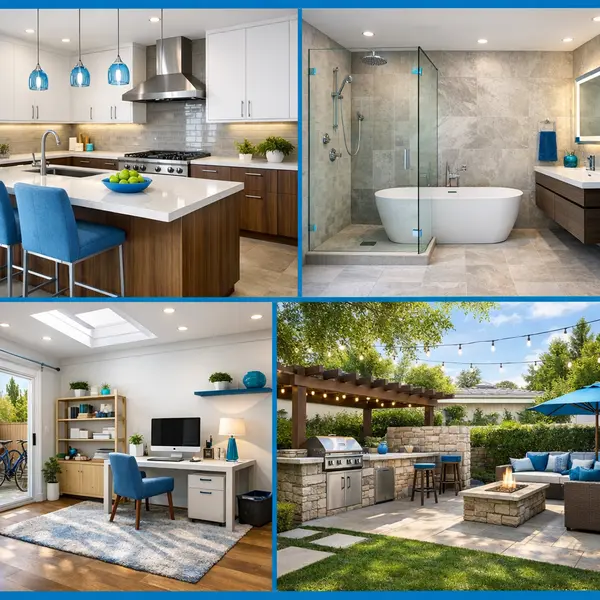 Collage of kitchen remodeling, bathroom, garage conversion, and backyard upgrades in Beverly Hills