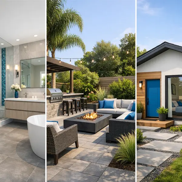 Collage showing kitchen remodeling, bathroom upgrade, backyard transformation, and ADU services in Tarzana