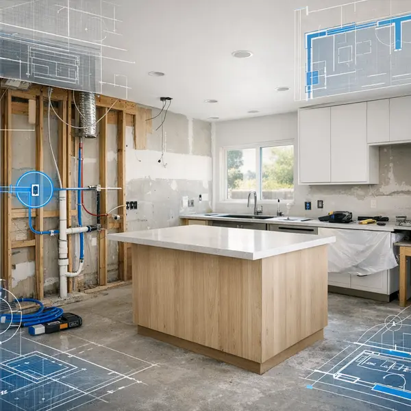 Kitchen remodeling process in progress with framing and plans in a Beverly Hills home.