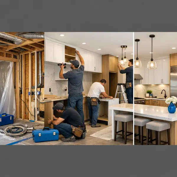 Three key stages of a Kitchen Remodeling project in Tarzana, from framing to final finishes and modern appliances.