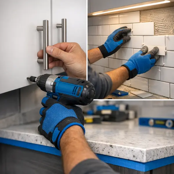 Close-up view of kitchen remodeling work, including cabinet hardware installation, tile backsplash, and countertop detail.