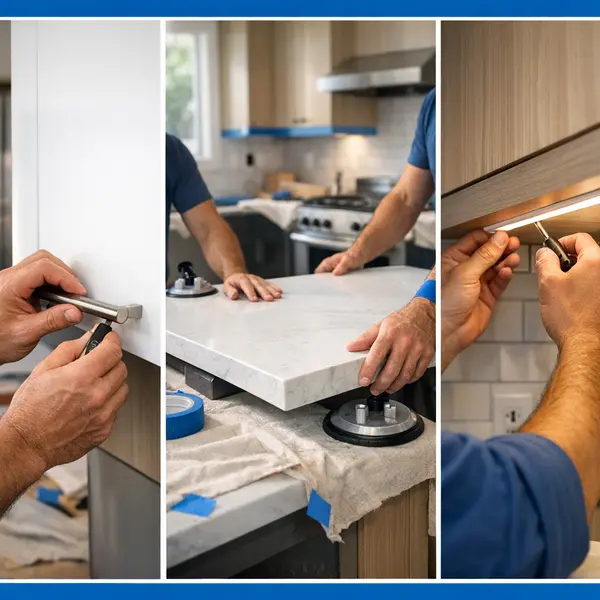 Craftsmen install cabinets, countertops, and lighting during a Sherman Oaks kitchen remodeling project
