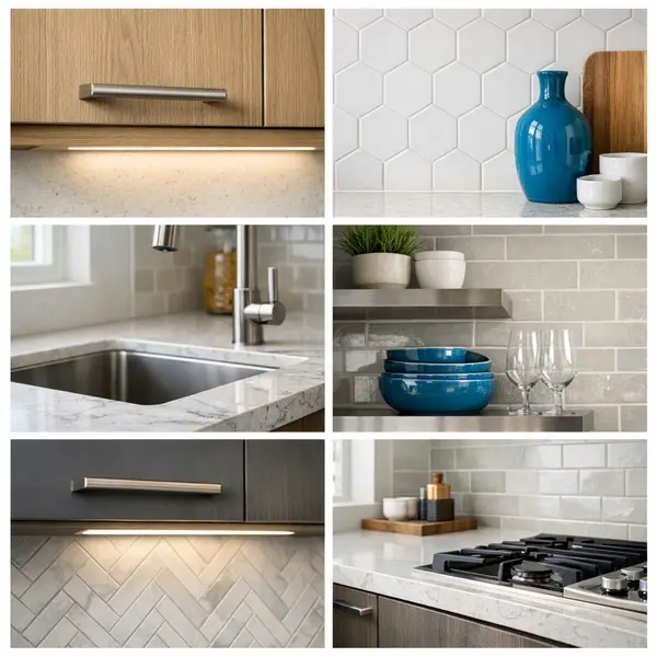 Collage of cabinets, stone countertops, and backsplash details from premium kitchen remodeling projects.