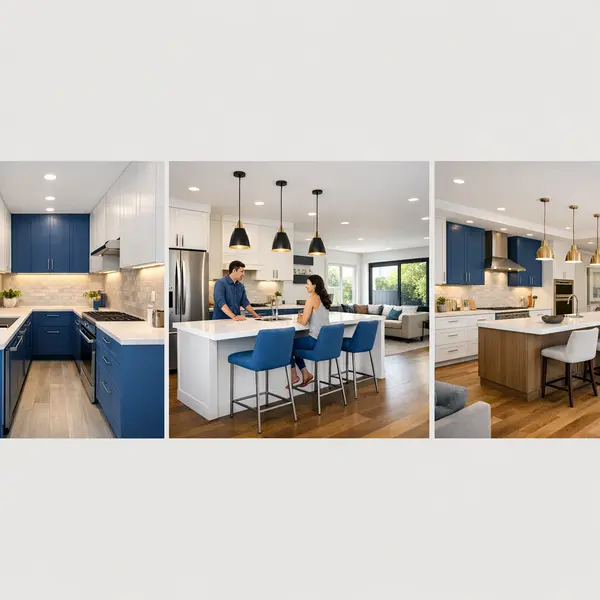 Three distinct kitchen remodeling projects in Tarzana showcasing compact, open-concept, and full-home renovation solutions.
