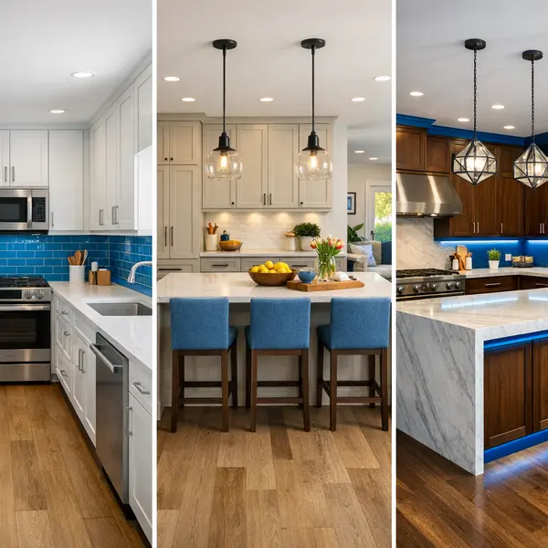 Three styles of kitchen remodeling in Agoura Hills, showing compact, open-plan, and custom designs.