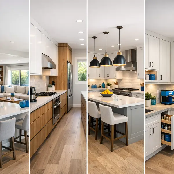 Examples of kitchen remodeling projects by Alvapareen Construction, showing open-concept, island, and small-space kitchens.