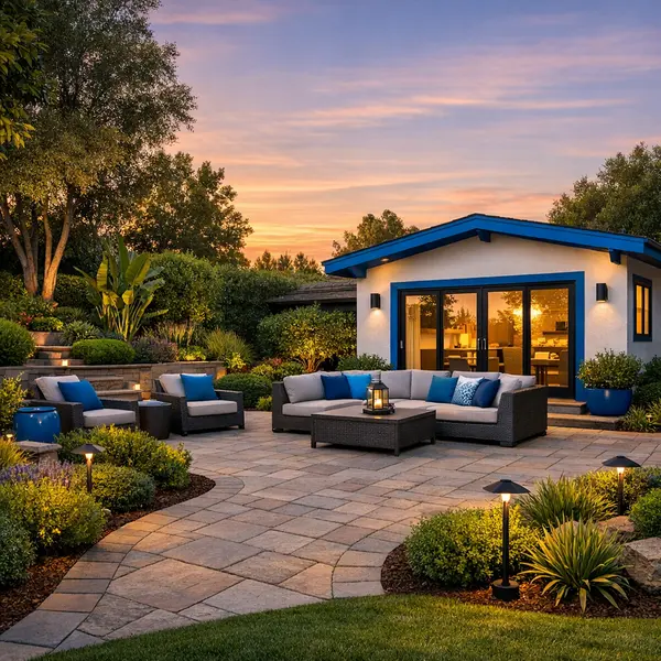 Professionally designed residential backyard showcasing cohesive landscape services with lighting and patio by Alvapareen Construction